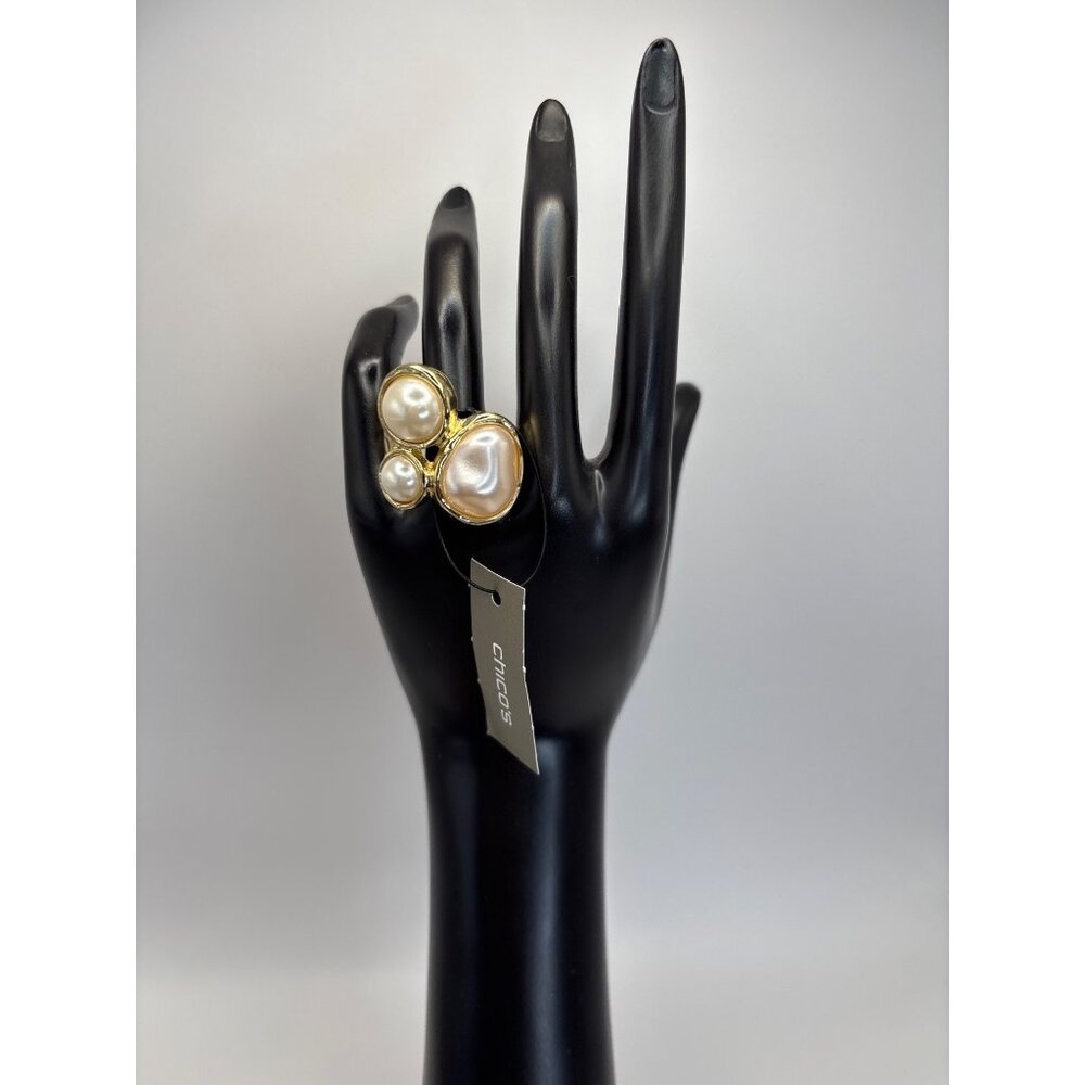 Chico's Hammered Gold Tone Faux Pearl Aster Bold Statement Ring Size 9 NEW